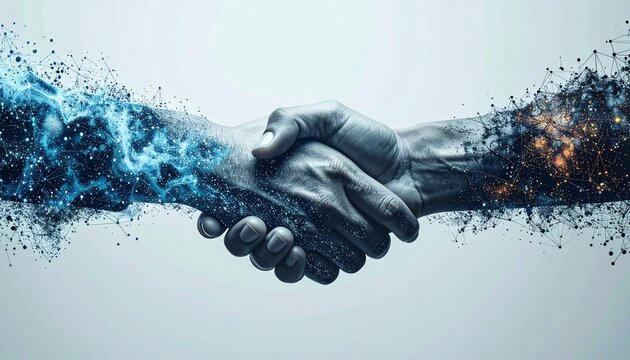 Two hands clasped in a handshake, one hand dissolving into blue energy and the other into orange energy, symbolizing unity despite differences