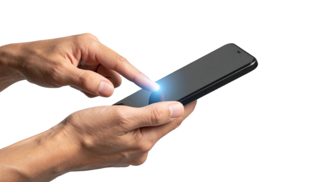 Hands interacting with a sleek smartphone, demonstrating modern technology and connectivity