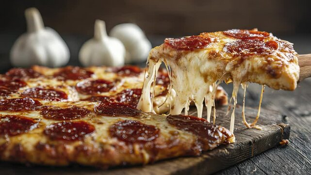 Cheese Pizza Slice Lifted with Garlic in Background on Rustic Wood Table