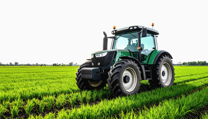 Obraz premium A farming tractor in a vibrant rice field captured with clear isolation on a white background and copy space available