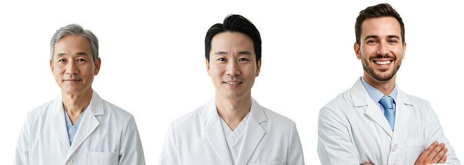 Diverse Group of Three Male Doctors in White Lab Coats Posing Against Black Background, Representing Various Ethnicities and Ages, Smiling Confidently for Medical Professionals