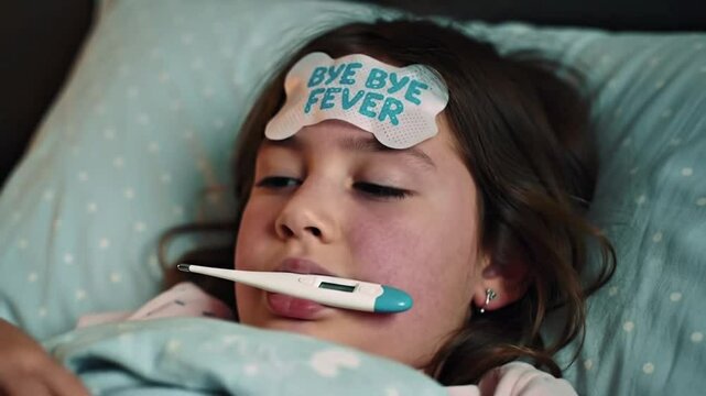 A young girl lies in bed with a "Bye Bye Fever" cooling patch on her forehead and a thermometer in her mouth, indicating illness and the process of recovery.