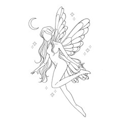 Illustrating a black-line angel with wings surrounded by stars on a black-and-white background conveys a dreamlike vision of purity, hope, and celestial mystery, ideal for spiritual and creative.