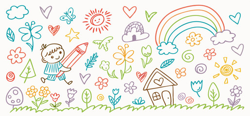 Child's Drawing: Colorful Crayon Sketch of House, Rainbow, Flowers, and Boy