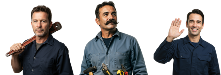 Three Adult Males, One Wearing Tools, Standing Together Against a Black Background, Each Displaying Different Expressions and Attitudes