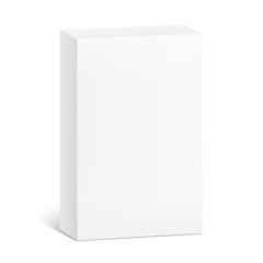 Realistic white closed paperboard box mockup. Half side view. Vector illustration isolated on white background. Taking your 2D designs into 3D. Can be use for pharmacy, cosmetic, food. EPS10.