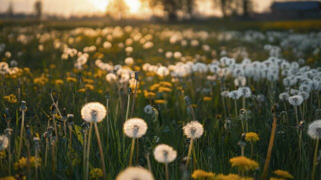 Field of Dandelions at Sunset with Soft Light and Shadows in a Tranquil Natural Landscape
