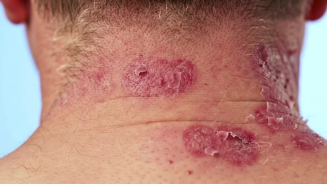 Close up image of skin texture suffering severe urticaria or hives or kaligata on neck. Allergy symptoms.