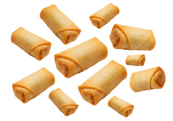 Golden spring rolls scattered on a dark background, perfect for Asian food menus and delicious appetizer promotions.