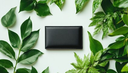 Black box surrounded by lush green leaves on white background