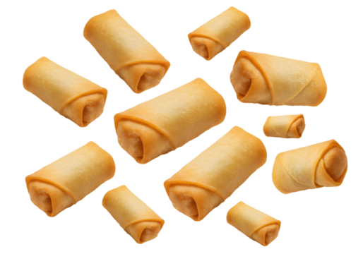 Golden spring rolls scattered on a dark background, perfect for Asian food menus and delicious appetizer promotions.