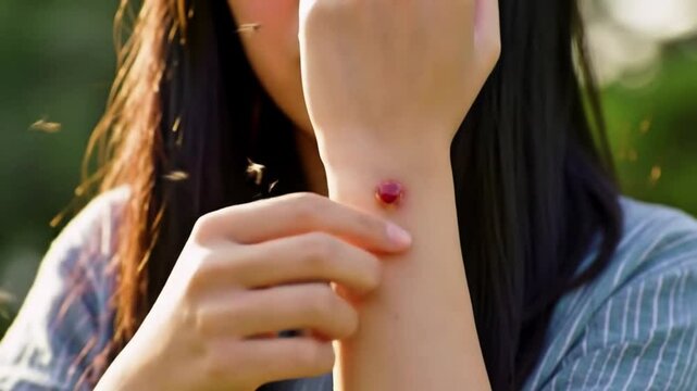 Close-up of a person scratching an itchy insect bite on their arm.