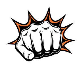 Powerful Fist Punching Through Background, Retro Comic Style Illustration