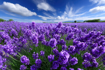 Naklejka premium Lavender field under a bright blue sky with fluffy clouds on a sunny day