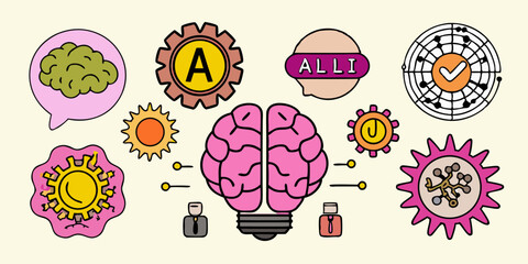 Fototapeta premium Colorful and Creative Brainstorming Illustration with Gears Lightbulb Brain and Abstract Shapes on a Light Beige Background Representing Innovation and Ideas