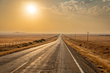 Endless road through dry landscape under blazing sun during summer heatwave