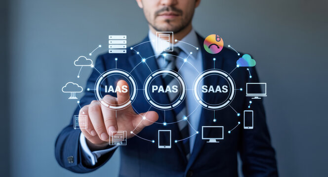 Businessman interacting with cloud computing service models dark suit IaaS