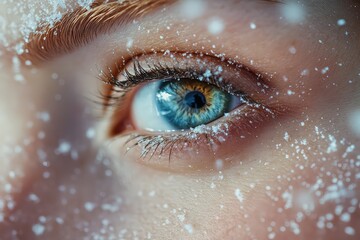 Close-up of eyes, reflecting a tranquil winter landscape, hinting at stillness, with softly falling snowflakes in the background