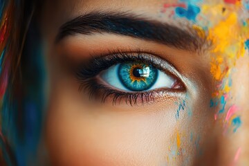 Close-up of eyes, reflecting a vibrant art gallery, hinting at inspiration, with softly blurred paintings in the background