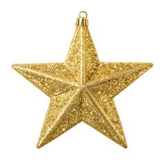 A glittering gold star christmas ornament hangs isolated on transparent background