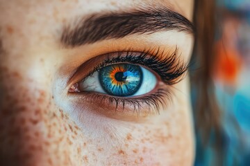 Close-up of eyes, reflecting a vibrant art gallery, hinting at inspiration, with softly blurred paintings in the background