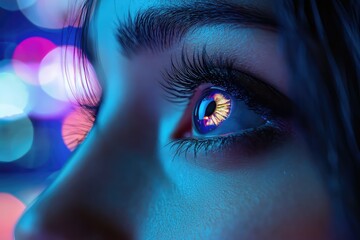 Close-up of eyes, reflecting a vibrant city nightlife, hinting at adventure, with blurred neon lights in the background