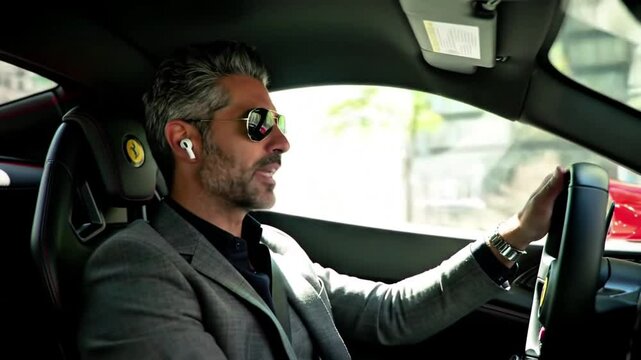 A male driver on the phone while driving a car, highlighting the dangers of distracted driving and the importance of road safety