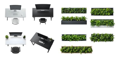 Top-down isolated views of black and white office desks and rectangular planters with green foliage, transparent background, ideal for floor plans, interior collages, and workspace visualizations.