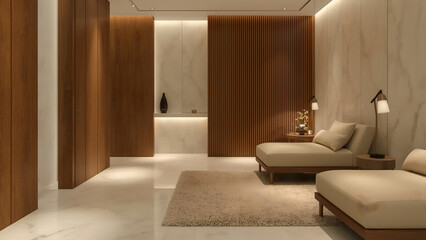 Serene Minimalist Beige and Brown Interior with Lounge Chairs and Wood Paneling