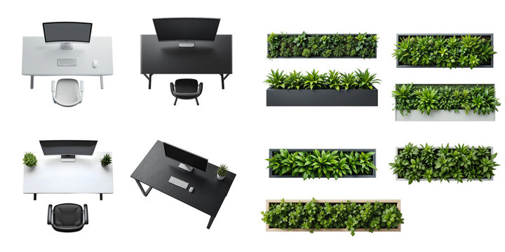 Top-down isolated views of black and white office desks and rectangular planters with green foliage, transparent background, ideal for floor plans, interior collages, and workspace visualizations.