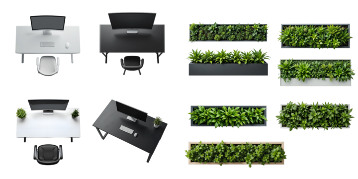 Top-down isolated views of black and white office desks and rectangular planters with green foliage, transparent background, ideal for floor plans, interior collages, and workspace visualizations.