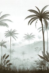 Misty jungle scene with palm trees