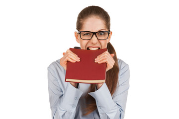 Girl biting teeth in the book cover.