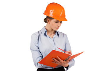 Girl in the protective helmet writes something.