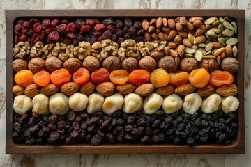 Collage of assorted nuts and dried fruits, arranged in a visually appealing way on a wooden platter