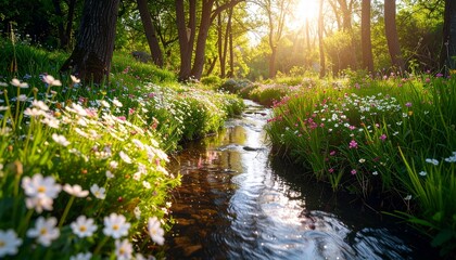 Obraz premium Streamside bank covered in native flowering plants, soft ripples reflecting petals and rich plant diversity