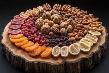 Collage of assorted nuts and dried fruits, arranged in a visually appealing way on a wooden platter