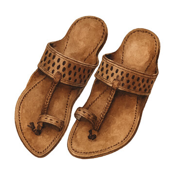 Indian traditional designer footwear (Kolhapuri Footwear), on a white transparent, PNG background &ndash; watercolour art