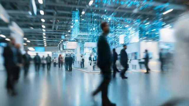 Speed with Motion blur of High Tech Exhibition indoor space area equipped with large LED screens and futuristic lighting for events and tech themed exhibitions abstract background.