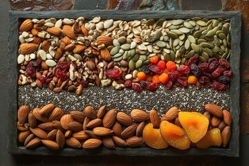 Collage of assorted nuts and seeds, including chia seeds, flaxseeds, and pumpkin seeds, mixed with dried fruits