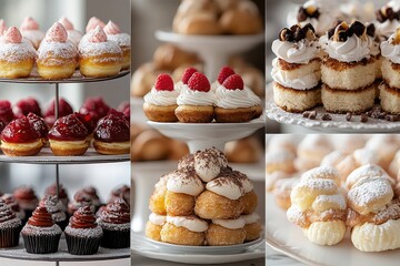 Collage of assorted pastries and desserts, including donuts, eclairs, and cupcakes, beautifully arranged