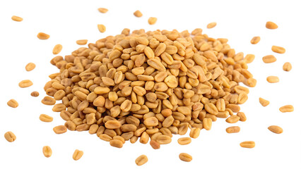 A pile of light brown fenugreek seeds, isolated on transparent background, are scattered and ready...