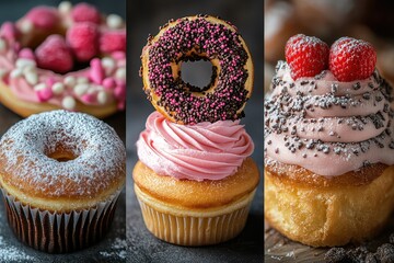 Collage of assorted pastries and desserts, including donuts, eclairs, and cupcakes, beautifully arranged