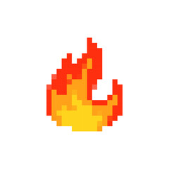 Obraz premium Pixelated flame icon in red and yellow hues resembling retro game style evokes nostalgic game design.