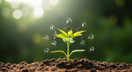 Sunlit plants accompanied by digital icons representing mineral nutrients. Highlighting fertilization and the essential function of nutrients in plant development