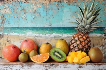 Collage of assorted tropical fruits, including kiwi, pineapple, and mango, with a beach-themed background
