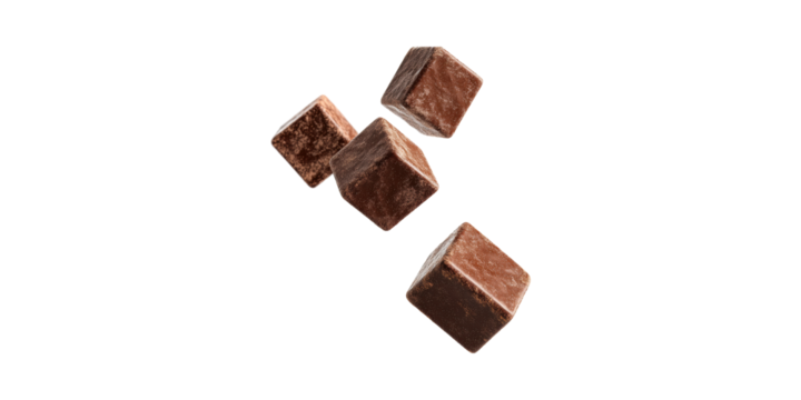 Floating Chocolate Cubes. Gourmet Confectionery And Dessert Concept Isolated On Transparent Background