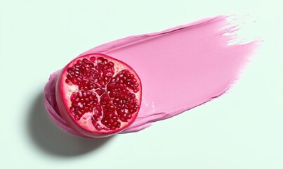 Red pomegranate half on a pastel pink paint smear on a soft mint background. Healthy, organic fruit ingredients copy space backdrop.