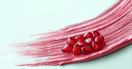 Red pomegranate seeds arranged on a vibrant, textured pink paste smear on a soft mint background. Healthy, organic fruit ingredients copy space backdrop.