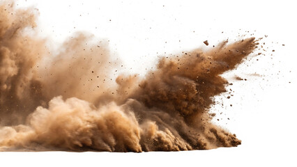 A massive brown dust explosion billows outwards, isolated on transparent background, creating a...